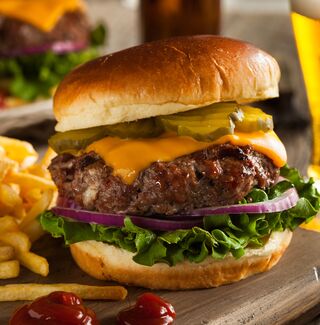 Juicy burger with fries